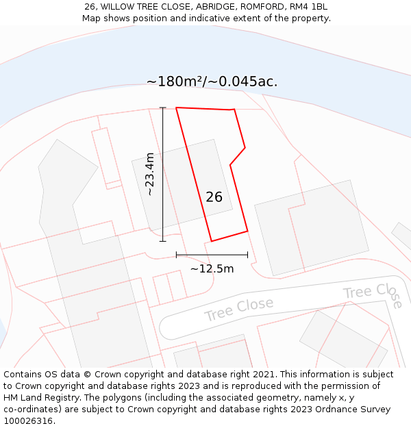 26, WILLOW TREE CLOSE, ABRIDGE, ROMFORD, RM4 1BL: Plot and title map