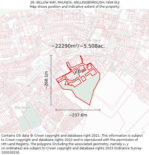 26, WILLOW WAY, RAUNDS, WELLINGBOROUGH, NN9 6UJ: Plot and title map