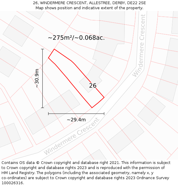 26, WINDERMERE CRESCENT, ALLESTREE, DERBY, DE22 2SE: Plot and title map