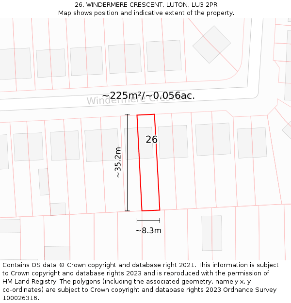 26, WINDERMERE CRESCENT, LUTON, LU3 2PR: Plot and title map