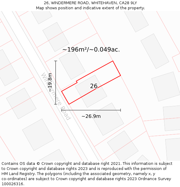 26, WINDERMERE ROAD, WHITEHAVEN, CA28 9LY: Plot and title map