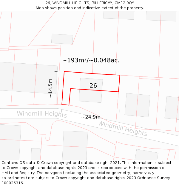 26, WINDMILL HEIGHTS, BILLERICAY, CM12 9QY: Plot and title map