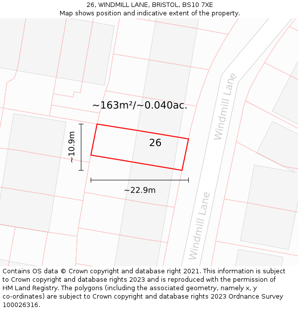 26, WINDMILL LANE, BRISTOL, BS10 7XE: Plot and title map