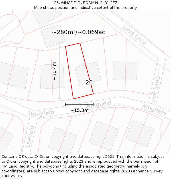 26, WINGFIELD, BODMIN, PL31 2EZ: Plot and title map