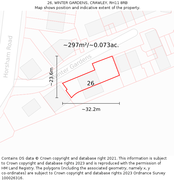 26, WINTER GARDENS, CRAWLEY, RH11 8RB: Plot and title map