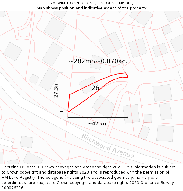 26, WINTHORPE CLOSE, LINCOLN, LN6 3PQ: Plot and title map