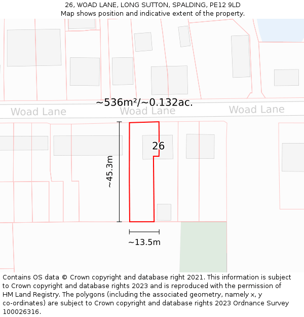 26, WOAD LANE, LONG SUTTON, SPALDING, PE12 9LD: Plot and title map