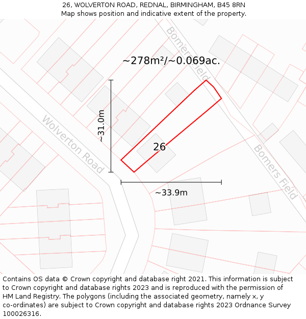 26, WOLVERTON ROAD, REDNAL, BIRMINGHAM, B45 8RN: Plot and title map