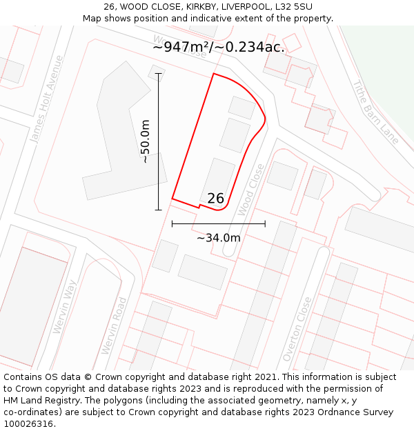 26, WOOD CLOSE, KIRKBY, LIVERPOOL, L32 5SU: Plot and title map