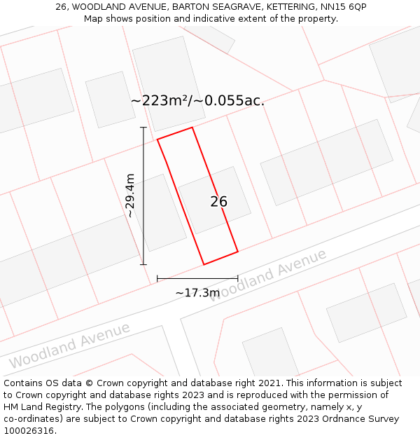 26, WOODLAND AVENUE, BARTON SEAGRAVE, KETTERING, NN15 6QP: Plot and title map