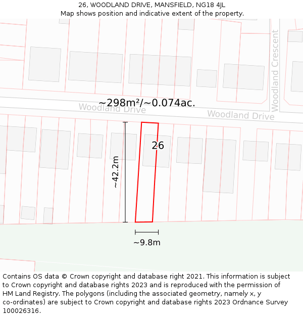 26, WOODLAND DRIVE, MANSFIELD, NG18 4JL: Plot and title map