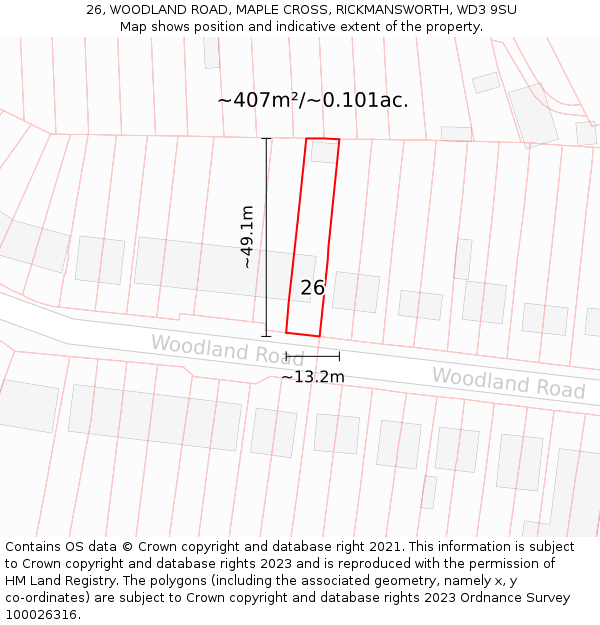 26, WOODLAND ROAD, MAPLE CROSS, RICKMANSWORTH, WD3 9SU: Plot and title map