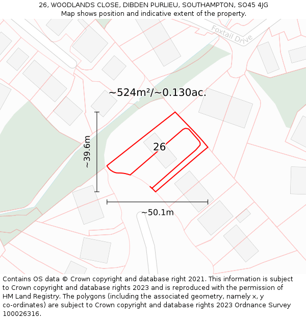 26, WOODLANDS CLOSE, DIBDEN PURLIEU, SOUTHAMPTON, SO45 4JG: Plot and title map