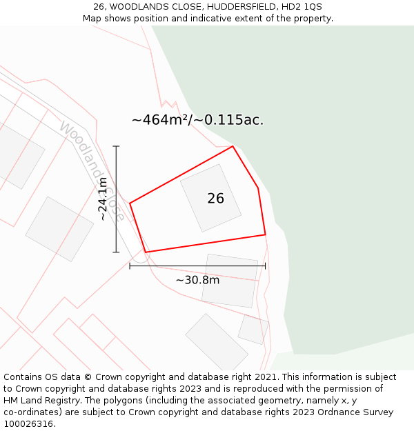 26, WOODLANDS CLOSE, HUDDERSFIELD, HD2 1QS: Plot and title map