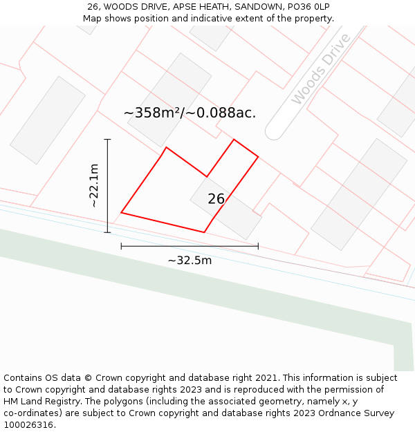 26, WOODS DRIVE, APSE HEATH, SANDOWN, PO36 0LP: Plot and title map
