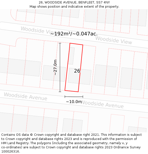 26, WOODSIDE AVENUE, BENFLEET, SS7 4NY: Plot and title map