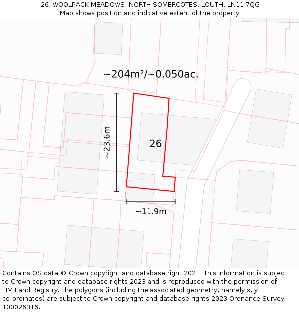 26, WOOLPACK MEADOWS, NORTH SOMERCOTES, LOUTH, LN11 7QG: Plot and title map