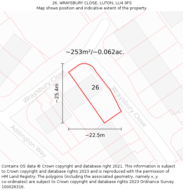 26, WRAYSBURY CLOSE, LUTON, LU4 9FS: Plot and title map