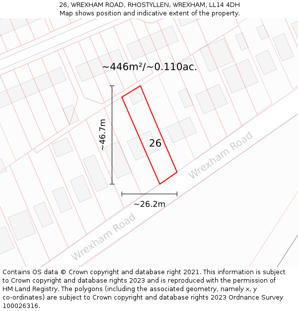 26, WREXHAM ROAD, RHOSTYLLEN, WREXHAM, LL14 4DH: Plot and title map
