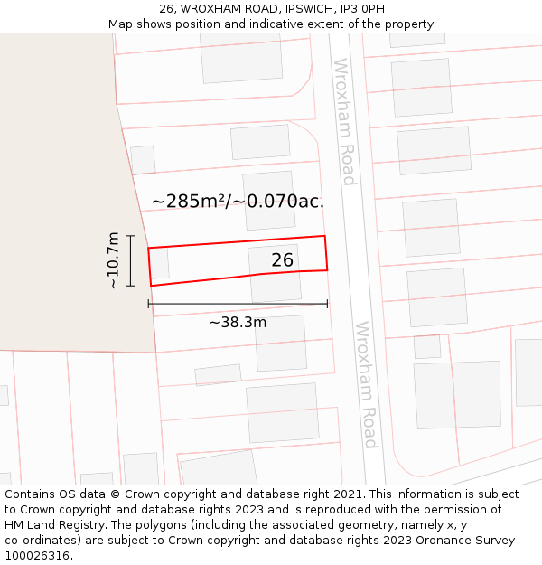 26, WROXHAM ROAD, IPSWICH, IP3 0PH: Plot and title map