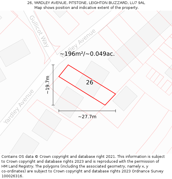26, YARDLEY AVENUE, PITSTONE, LEIGHTON BUZZARD, LU7 9AL: Plot and title map