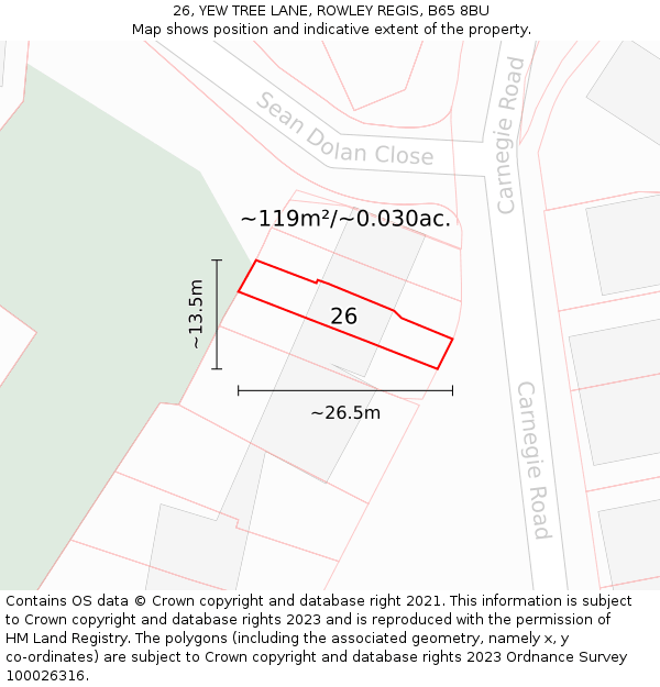 26, YEW TREE LANE, ROWLEY REGIS, B65 8BU: Plot and title map