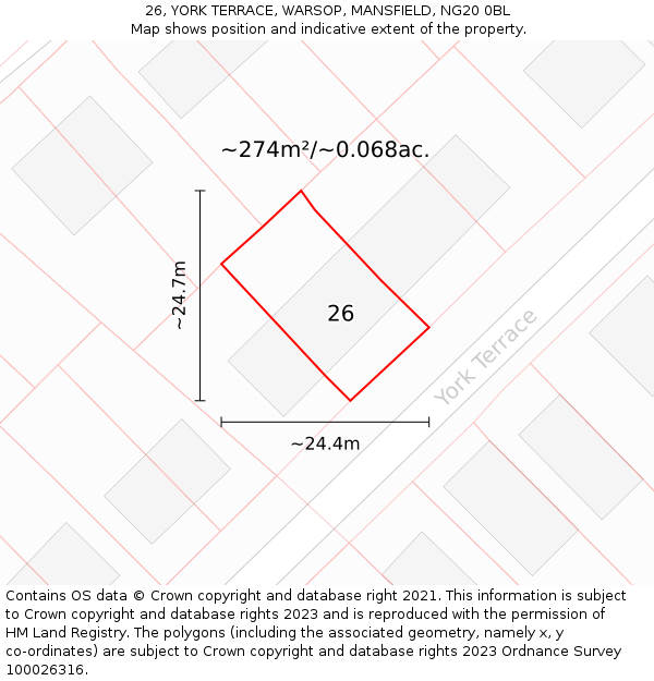 26, YORK TERRACE, WARSOP, MANSFIELD, NG20 0BL: Plot and title map