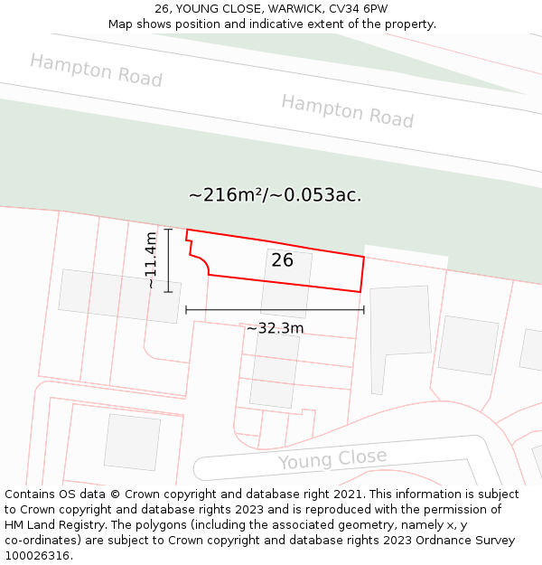 26, YOUNG CLOSE, WARWICK, CV34 6PW: Plot and title map