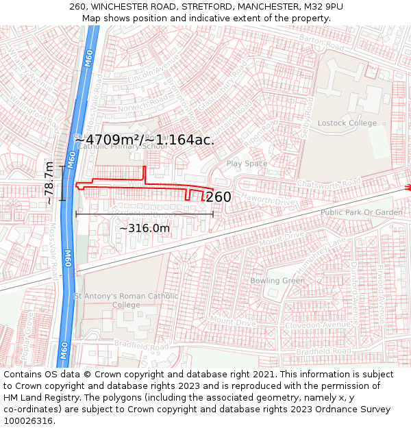 260, WINCHESTER ROAD, STRETFORD, MANCHESTER, M32 9PU: Plot and title map