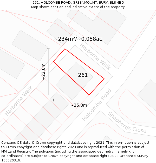 261, HOLCOMBE ROAD, GREENMOUNT, BURY, BL8 4BD: Plot and title map
