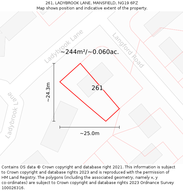 261, LADYBROOK LANE, MANSFIELD, NG19 6PZ: Plot and title map