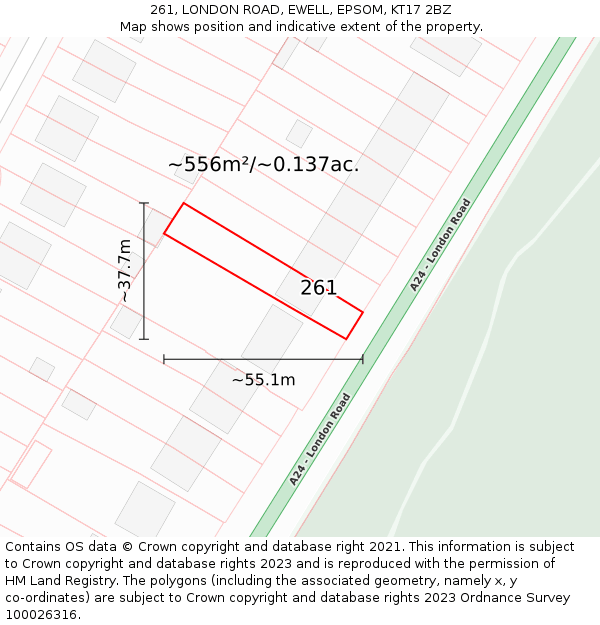 261, LONDON ROAD, EWELL, EPSOM, KT17 2BZ: Plot and title map