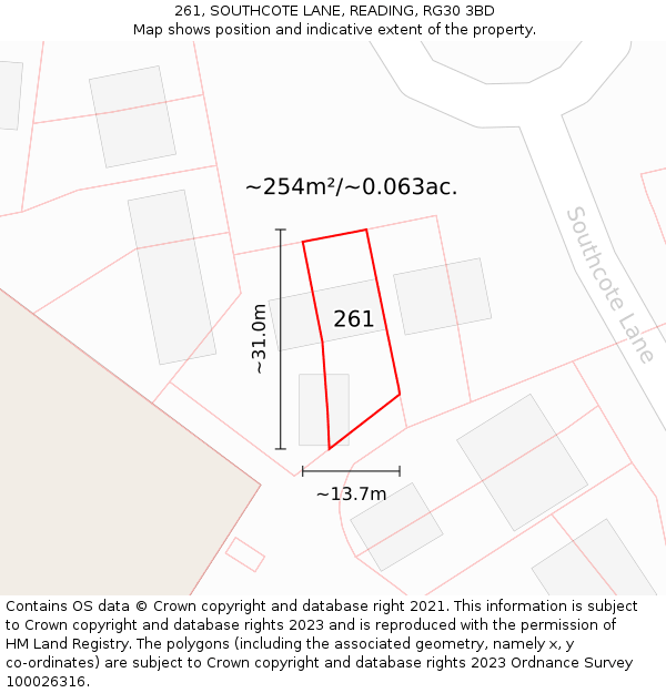 261, SOUTHCOTE LANE, READING, RG30 3BD: Plot and title map