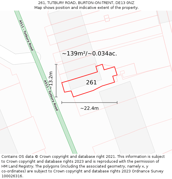 261, TUTBURY ROAD, BURTON-ON-TRENT, DE13 0NZ: Plot and title map