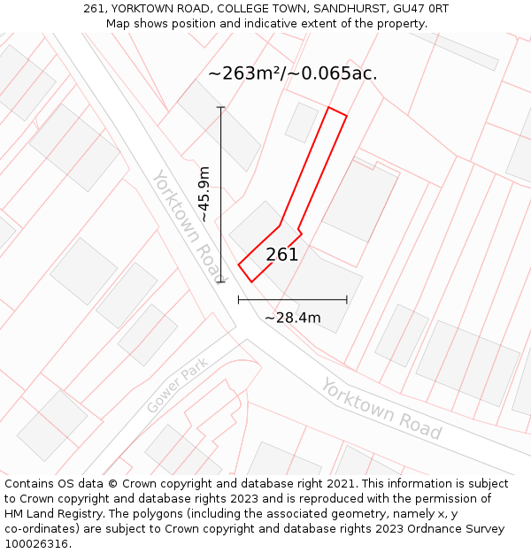 261, YORKTOWN ROAD, COLLEGE TOWN, SANDHURST, GU47 0RT: Plot and title map