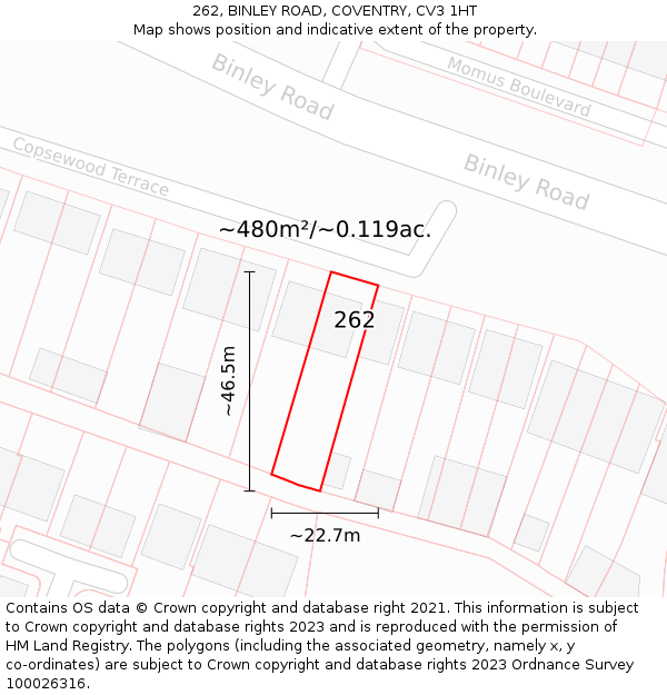 262, BINLEY ROAD, COVENTRY, CV3 1HT: Plot and title map