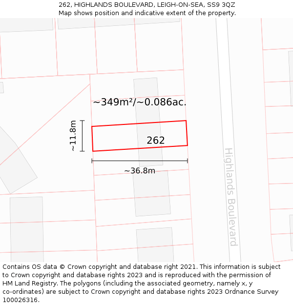 262, HIGHLANDS BOULEVARD, LEIGH-ON-SEA, SS9 3QZ: Plot and title map