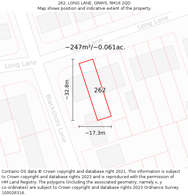 262, LONG LANE, GRAYS, RM16 2QD: Plot and title map