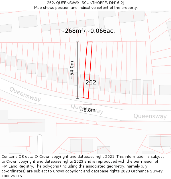 262, QUEENSWAY, SCUNTHORPE, DN16 2JJ: Plot and title map