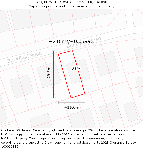 263, BUCKFIELD ROAD, LEOMINSTER, HR6 8SB: Plot and title map