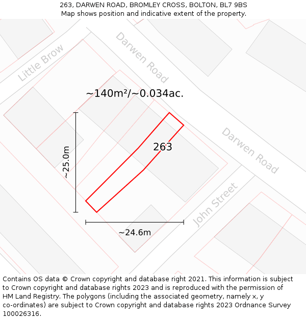 263, DARWEN ROAD, BROMLEY CROSS, BOLTON, BL7 9BS: Plot and title map
