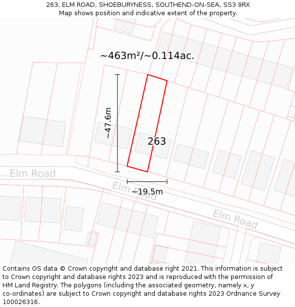 263, ELM ROAD, SHOEBURYNESS, SOUTHEND-ON-SEA, SS3 9RX: Plot and title map
