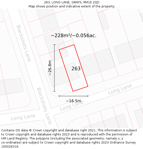 263, LONG LANE, GRAYS, RM16 2QD: Plot and title map