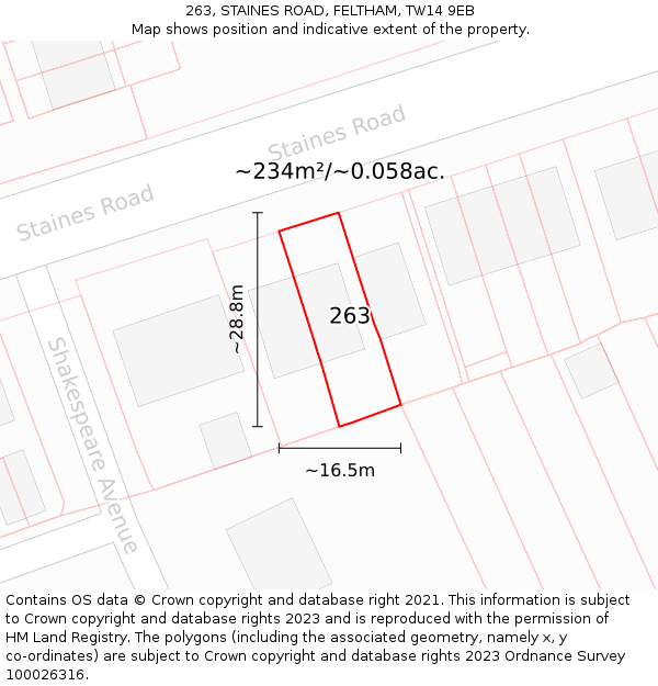 263, STAINES ROAD, FELTHAM, TW14 9EB: Plot and title map