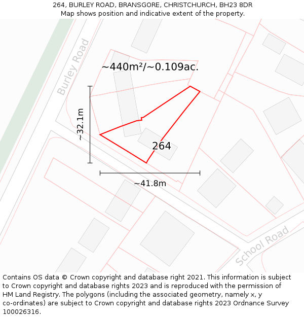 264, BURLEY ROAD, BRANSGORE, CHRISTCHURCH, BH23 8DR: Plot and title map