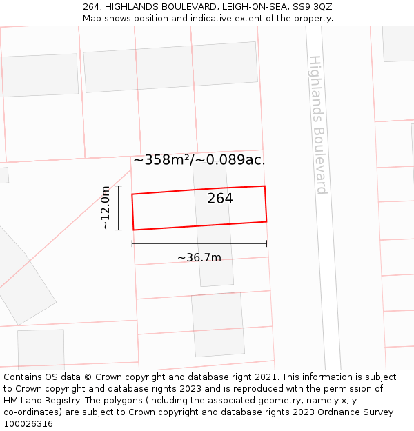 264, HIGHLANDS BOULEVARD, LEIGH-ON-SEA, SS9 3QZ: Plot and title map