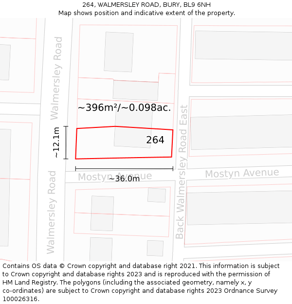 264, WALMERSLEY ROAD, BURY, BL9 6NH: Plot and title map