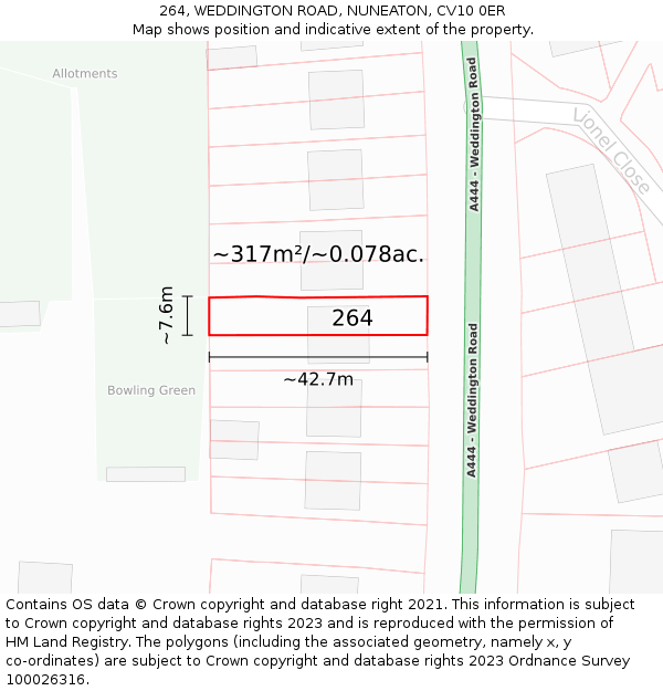 264, WEDDINGTON ROAD, NUNEATON, CV10 0ER: Plot and title map