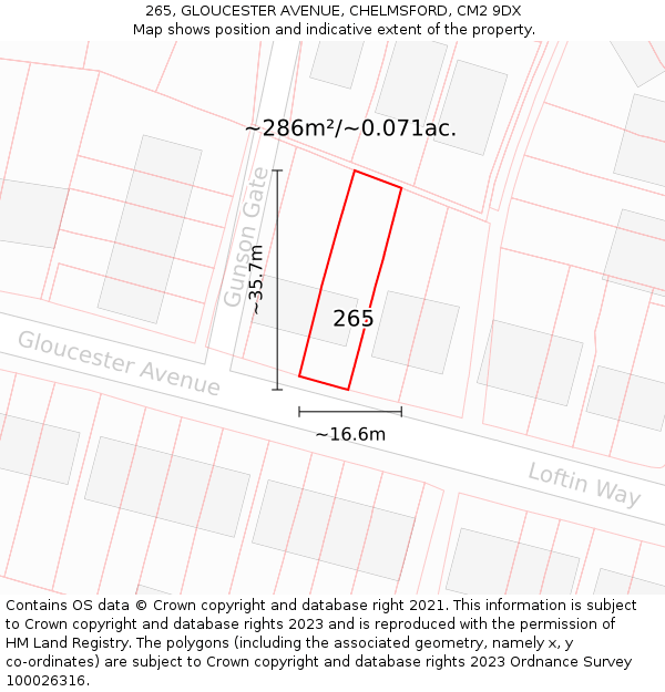 265, GLOUCESTER AVENUE, CHELMSFORD, CM2 9DX: Plot and title map