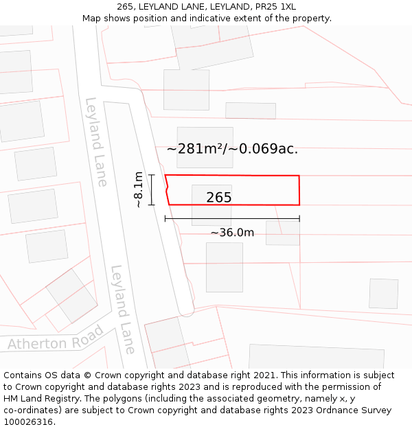 265, LEYLAND LANE, LEYLAND, PR25 1XL: Plot and title map